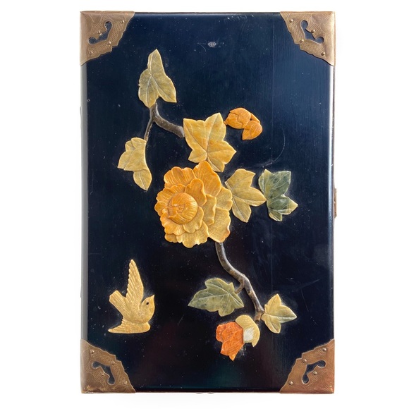 Vintage Lacquer Jewelry Box, Embossed Stone Carved - Picture 7 of 8